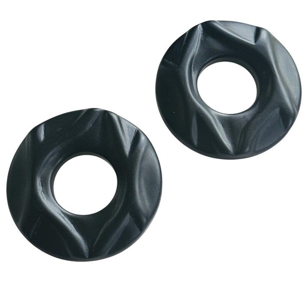 Black Matte Lucite Chunky Earrings VTG Pierced Round Hoop Textured Large 90s